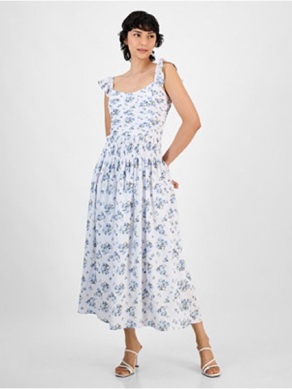 And Now This White Floral Midi Dress with Blue Rose Print - Medium